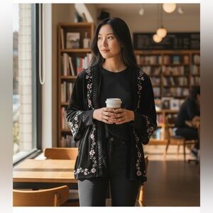 Willow & Clay Eloise Black Embroidered Velvet Kimono NWT Size XS